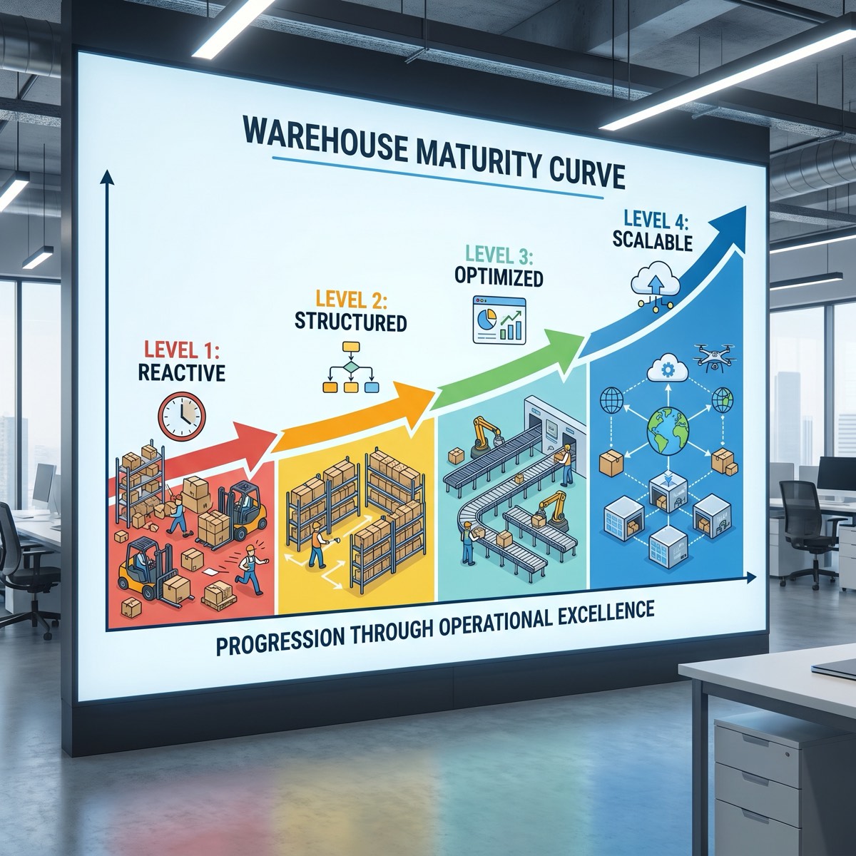 Warehouse operations team reviewing process and inventory metrics on the floor: assessing operational readiness before a WMS or automation investment