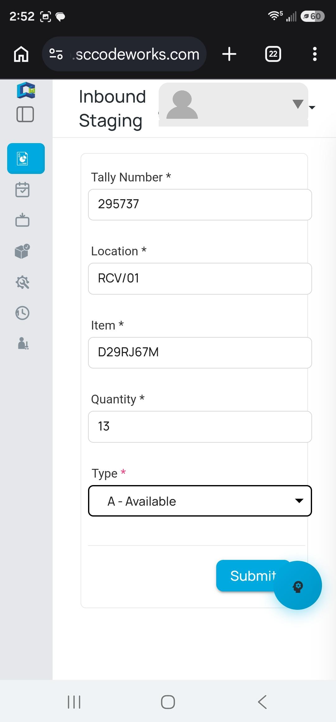 Codeworks Enterprise mobile RF workflow: inbound staging on a handheld