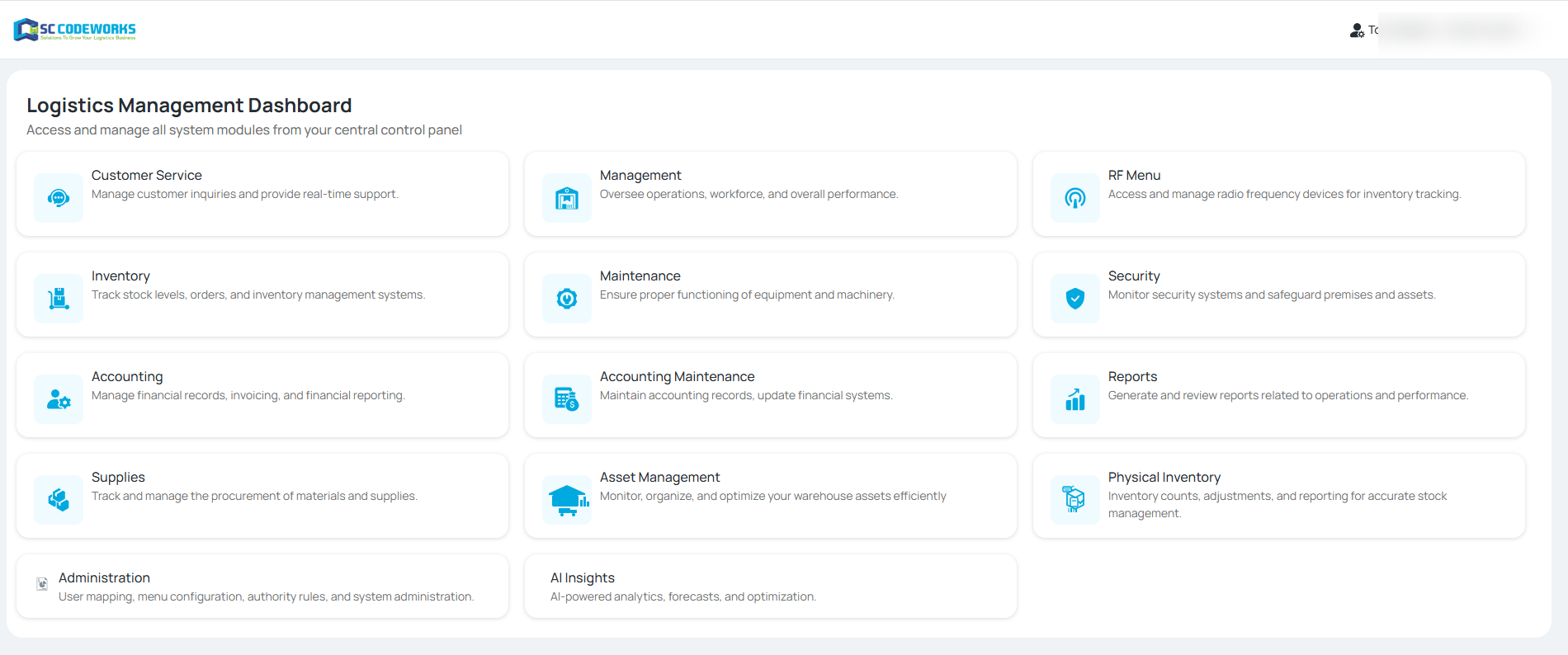 Codeworks Essentials logistics management dashboard with module menu